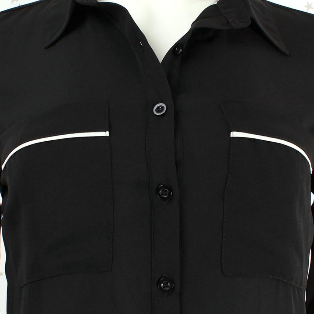 Roll Up Sleeve Button Up Chiffon Blouse Top Black - Picture 3 of 8